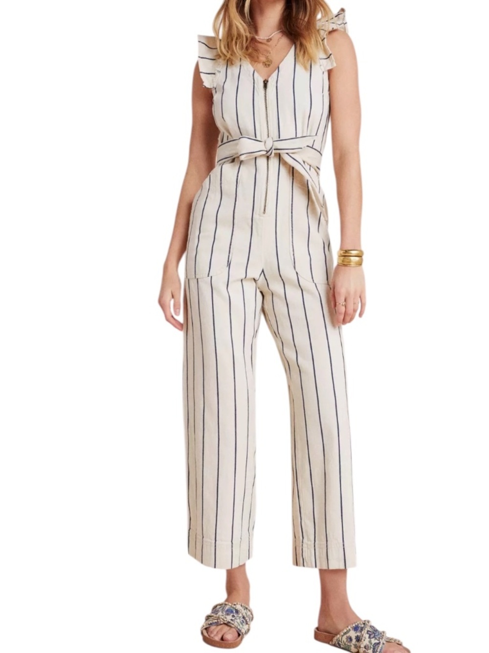 Anthropologie Hedda Jumpsuit Size 2 Adjustable Tie Belt Front Zip 100% Cotton